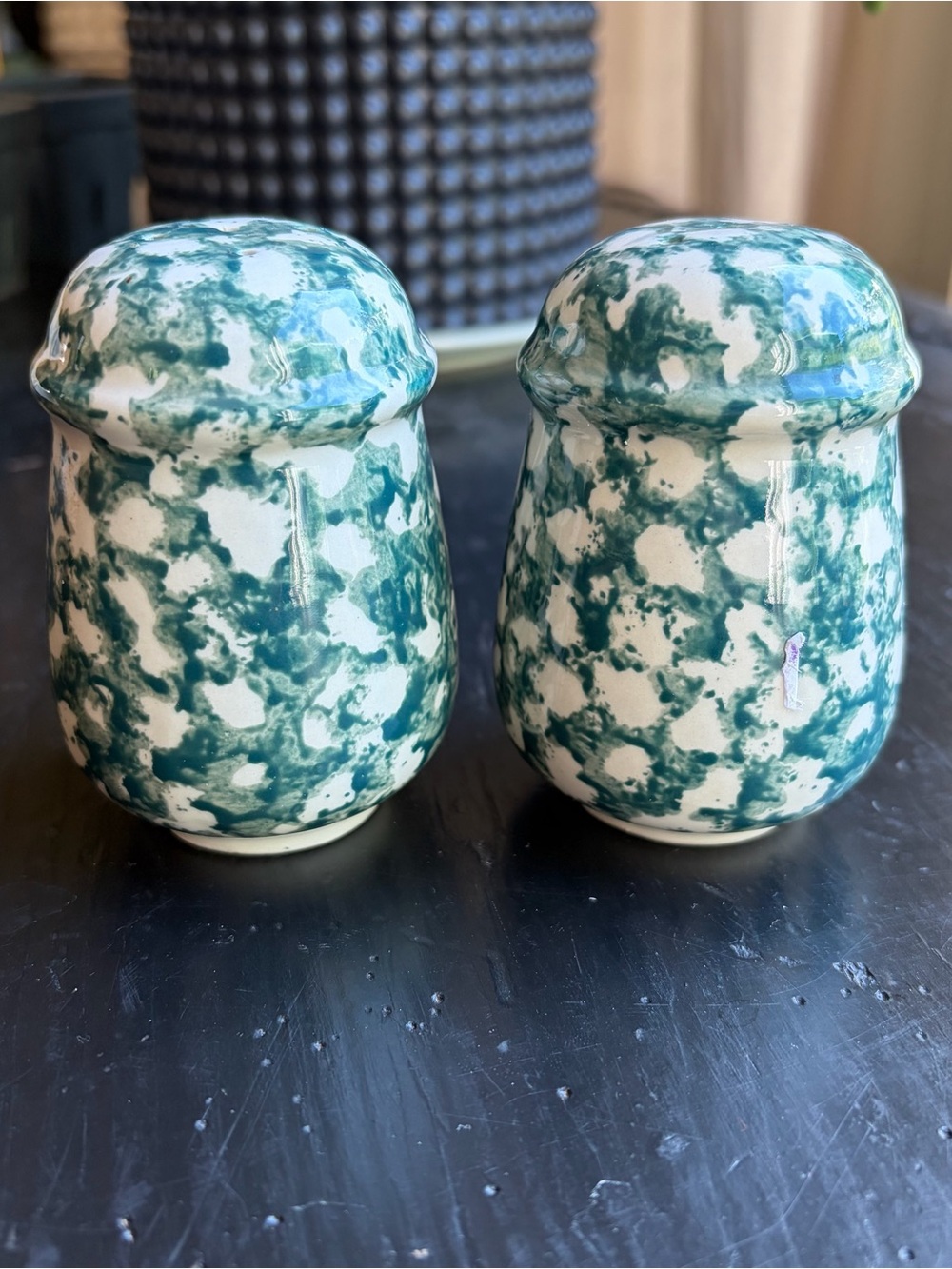 Folkcraft Green sponge ware salt and pepper shakers